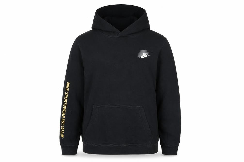 Front view of Nike boys’ black xl pullover hoodie with large logo and fleece lining