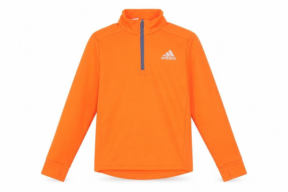 Front view of Adidas boys’ orange 11-12 years 1/4 zip fleece sports sweatshirt