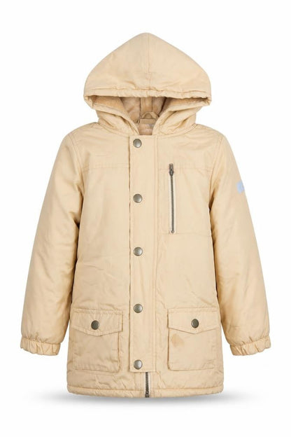 Front view of Mick Mack boys’ beige hooded parka coat -, size 6, years - lined winter jacket