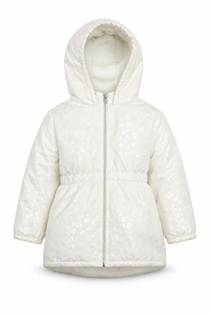 Front view of Penelope Mack girls’ ivory hooded puffer coat 5 years winter quilted jacket