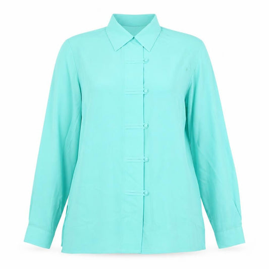 Front view of Soon Women's Green, size 12, Collared Long Sleeve Polyester Blouse