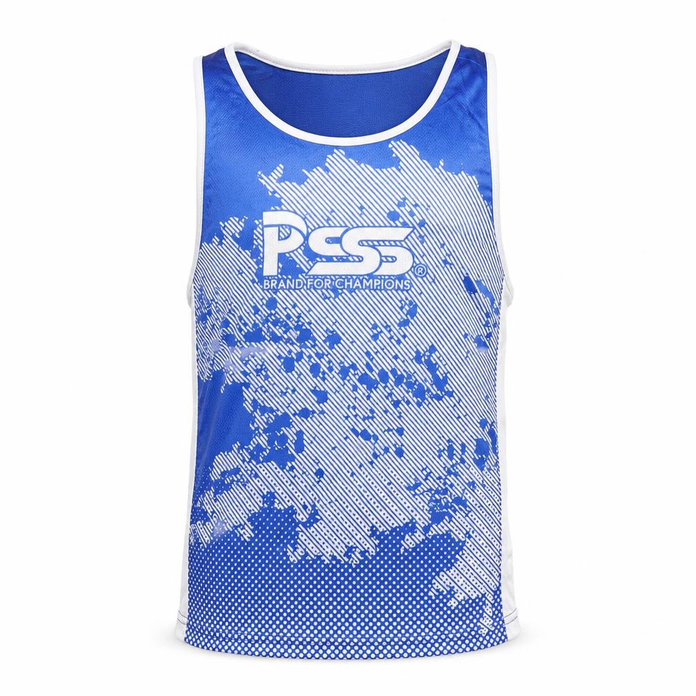 Front view of Prime Sports boys’ blue running tank top 7-8 years lightweight polyester
