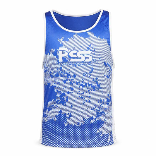 Front view of Prime Sports boys’ blue running tank top 7-8 years lightweight polyester