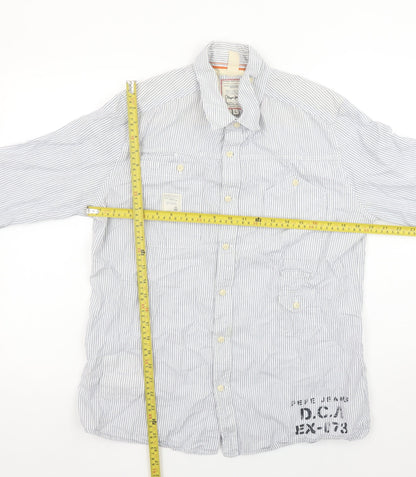 Pepe Jeans Men's Blue Striped Slim Fit Long Sleeve Button-Up Shirt L