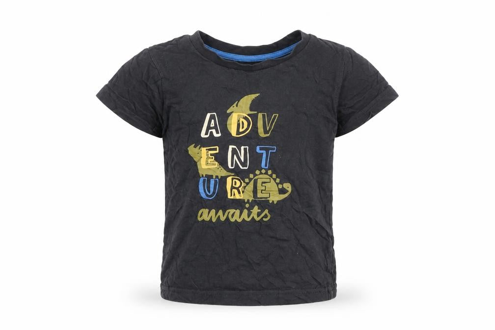 Front view of Mothercare Black Dinosaur Adventure Graphic T-Shirt 18-24 Months