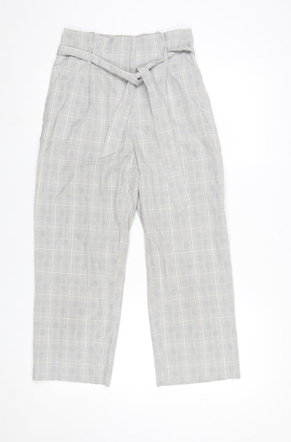 H&M Womens Grey Check Paperbag Trousers Size 8 Regular Fit