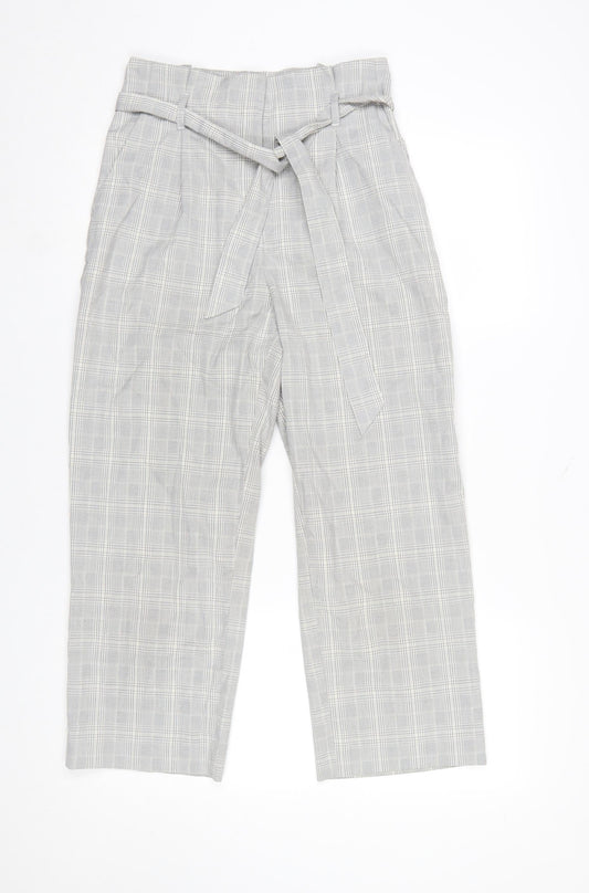 H&M Womens Grey Check Paperbag Trousers Size 8 Regular Fit