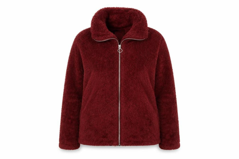 Front view of Only women’s burgundy faux fur fleece zip jacket xs