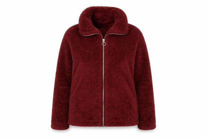 Front view of Only women’s burgundy faux fur fleece zip jacket xs