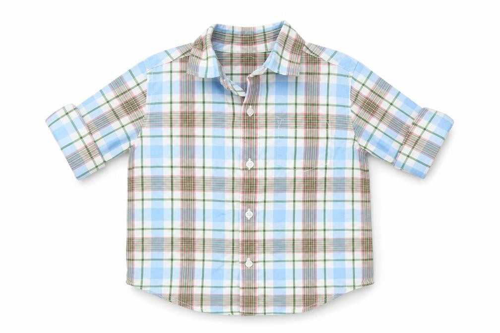 Front view of Janie and Jack unisex baby plaid button-up shirt 18–24 months cotton