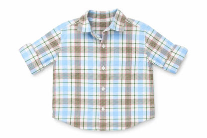 Front view of Janie and Jack unisex baby plaid button-up shirt 18–24 months cotton