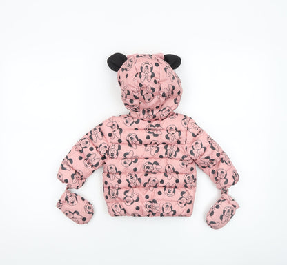 Disney Baby Girls Pink Minnie Mouse Puffer Jacket 3-6 Months Hooded Winter Coat