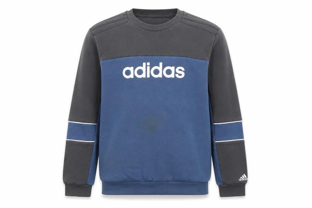 Front view of Adidas boys’ blue colourblock logo fleece sweatshirt 13-14 years