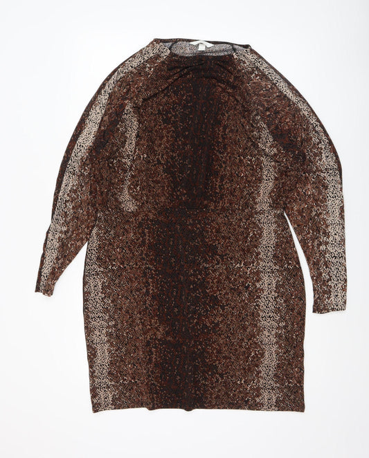H&M Women’s Brown Animal Print Bodycon Dress XL Long Sleeve