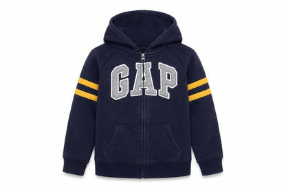 Front view of Gap boys’ blue full zip hoodie 6-7 years logo fleece sweatshirt
