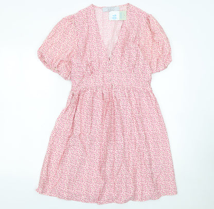 Primark Womens Pink Floral Fit & Flare V-Neck Dress Size 10