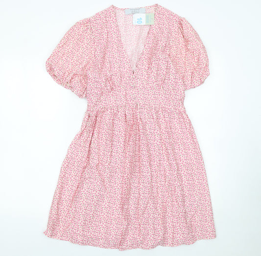 Primark Womens Pink Floral Fit & Flare V-Neck Dress Size 10