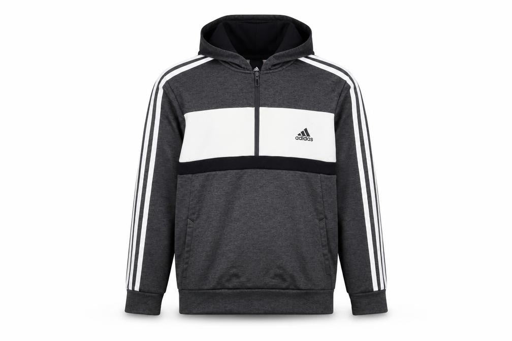 Front view of Adidas boys’ grey & white 1/4 zip hoodie sweatshirt 13-14 years