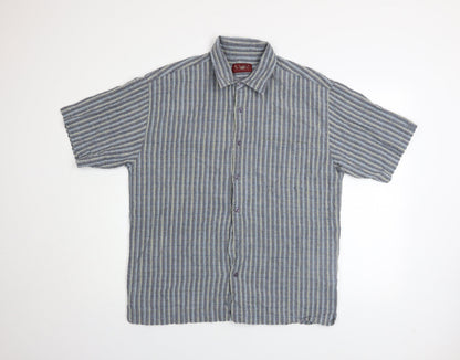 Olly & Co Men’s Blue Striped Cotton Short Sleeve Button-Up Shirt XL