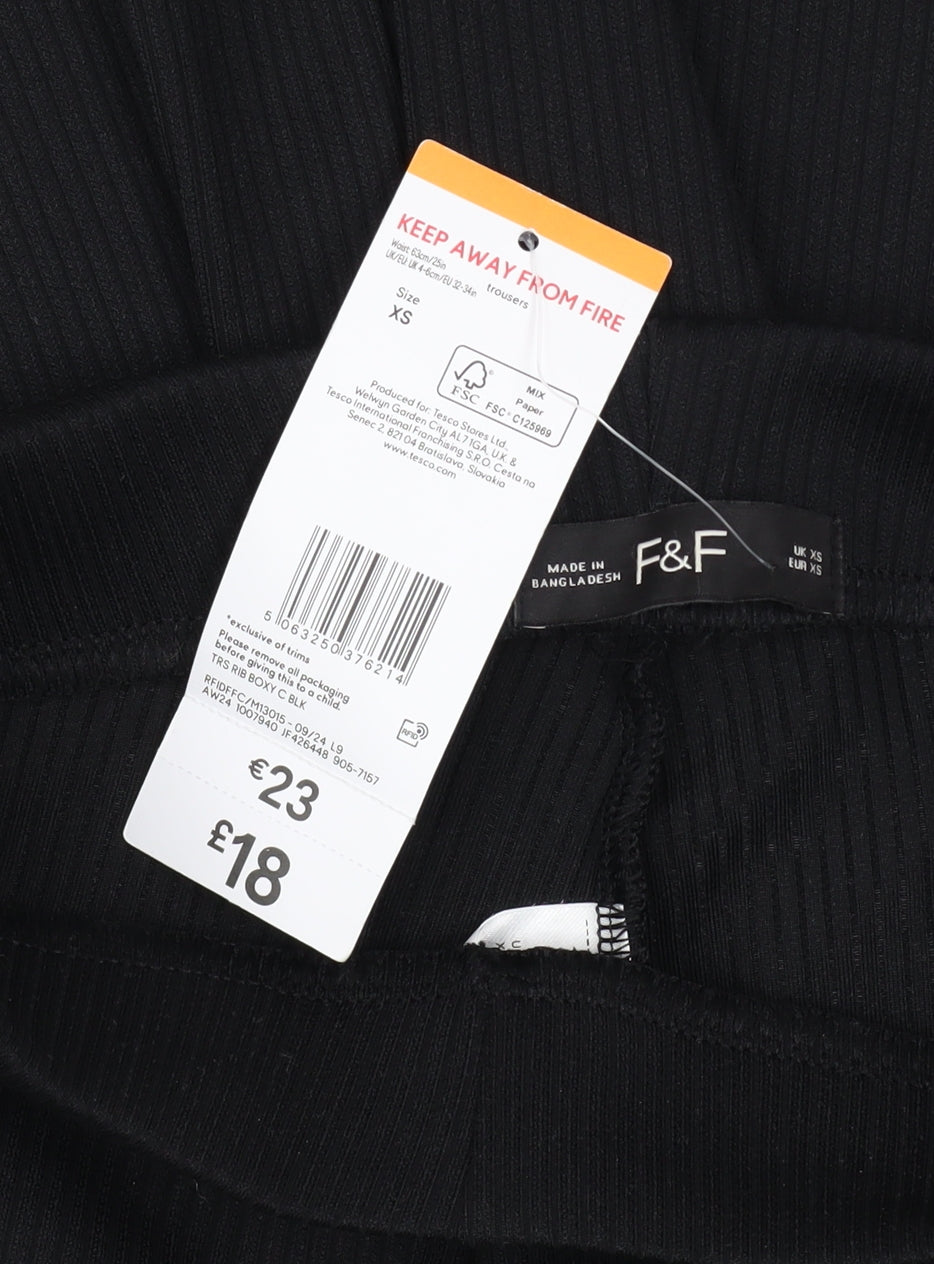 F&F Women Black Ribbed Wide-Leg Trousers XS