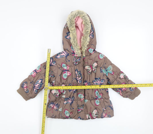 Next Girls Brown Butterfly Puffer Coat Hooded Winter Jacket 2 Years
