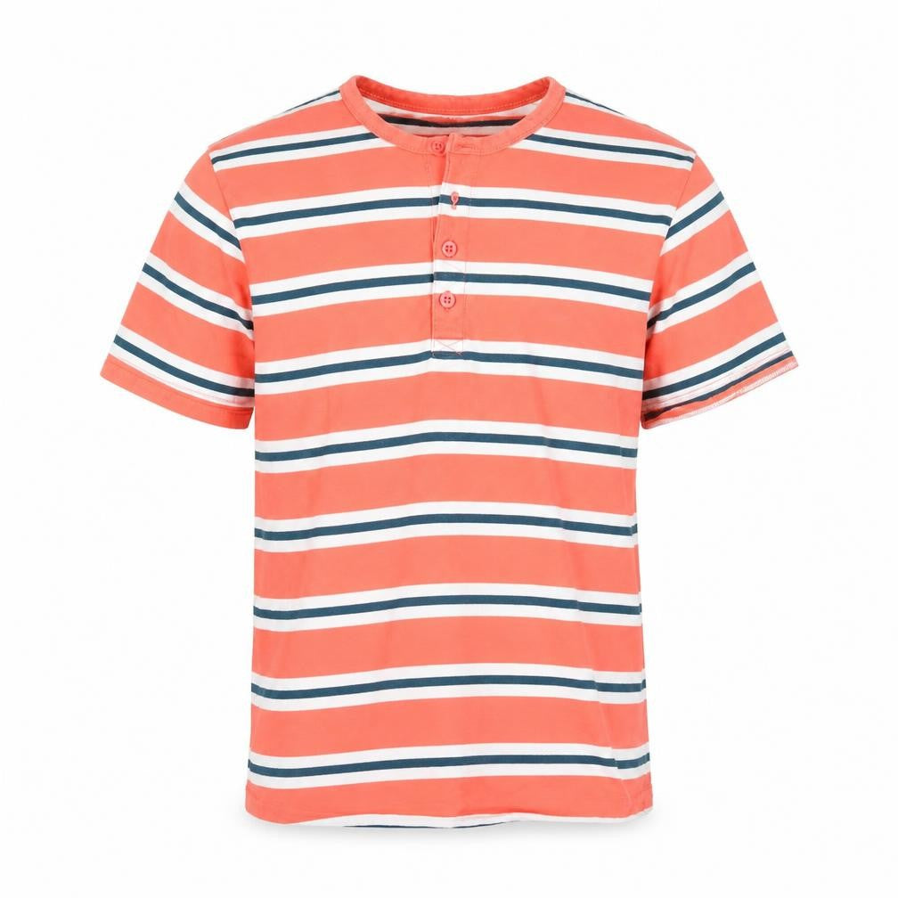 Front view of Dunnes men’s orange striped henley short sleeve cotton shirt xs