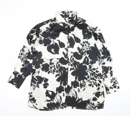 ZARA Women Black White Floral Long Sleeve Button-Up Shirt Size S