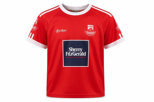 Front view of O'Reillys boys’ red 7-8 years football jersey t-shirt