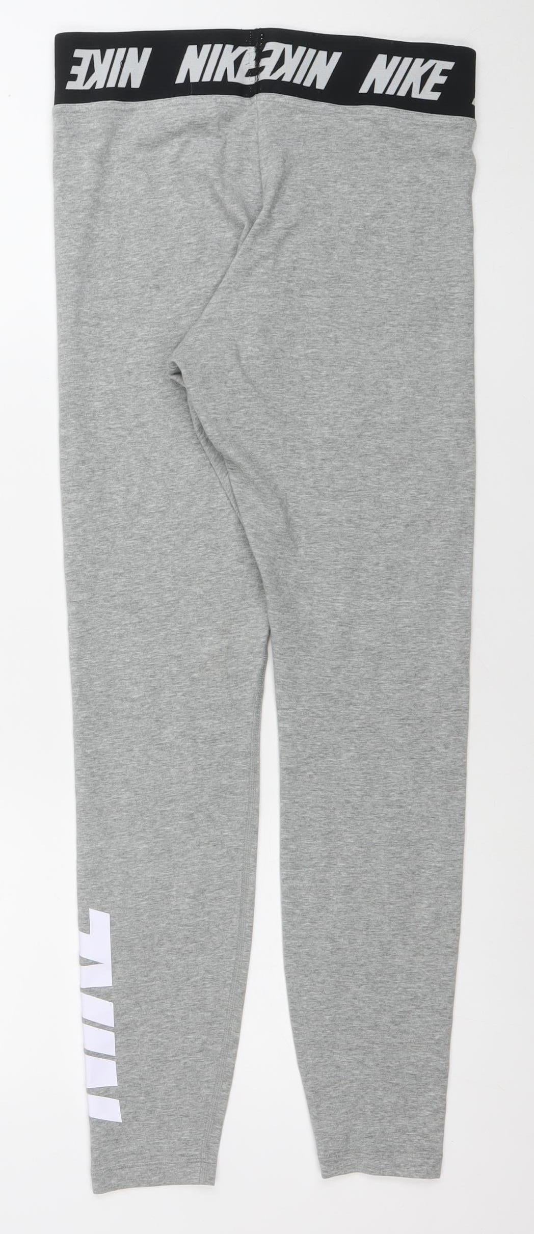Nike Women Grey M Leggings Elastic Waist Logo Tapered Activewear