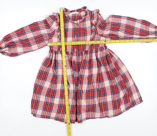 Marks and Spencer Girls Red Check Ruffle Long Sleeve Shirt Dress 6-7 Years