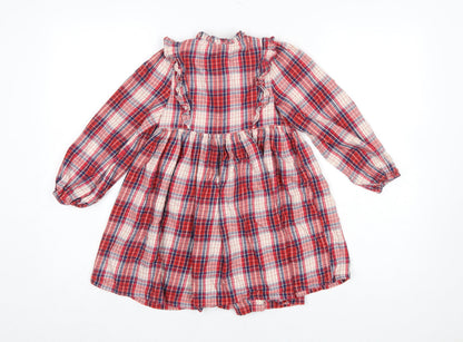 Marks and Spencer Girls Red Check Ruffle Long Sleeve Shirt Dress 6-7 Years
