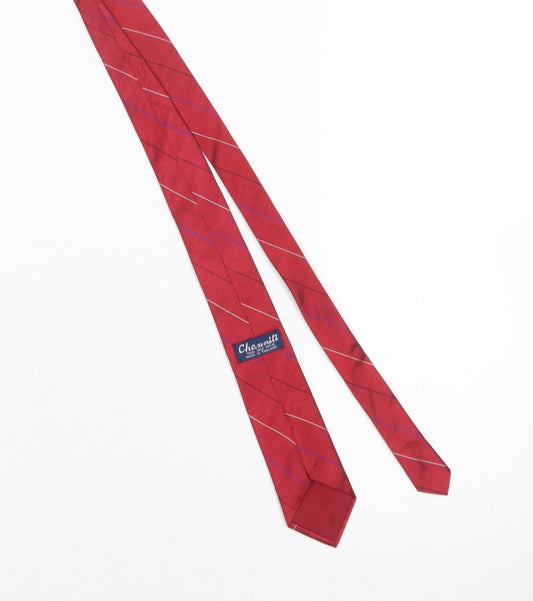 Mens Channiti Red Striped 100% Silk Slim Tie