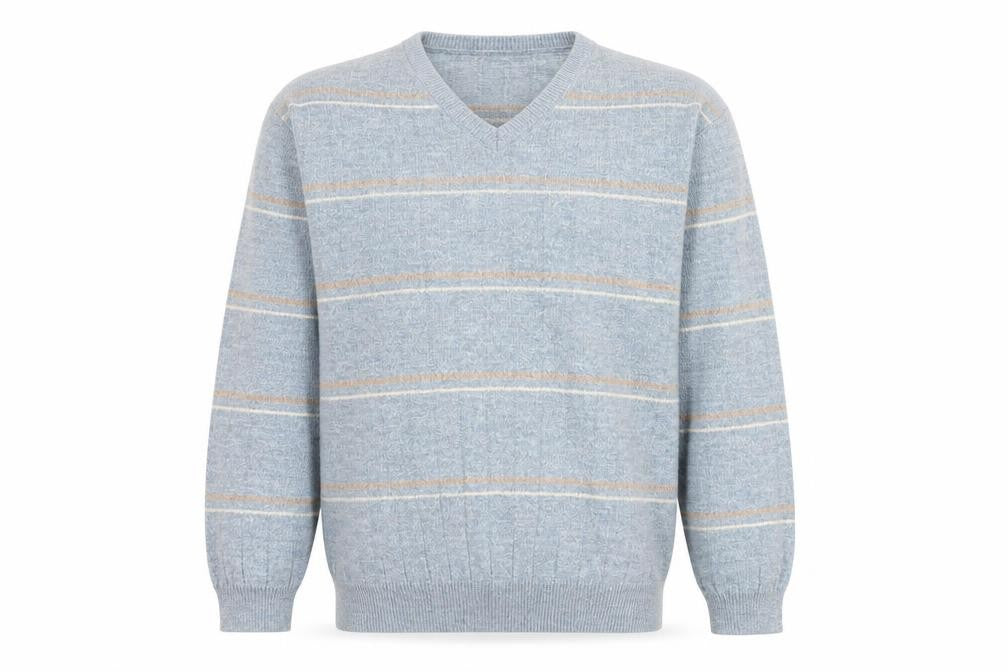 Dunnes Men's Grey Striped V-Neck Wool Blend Jumper Size L