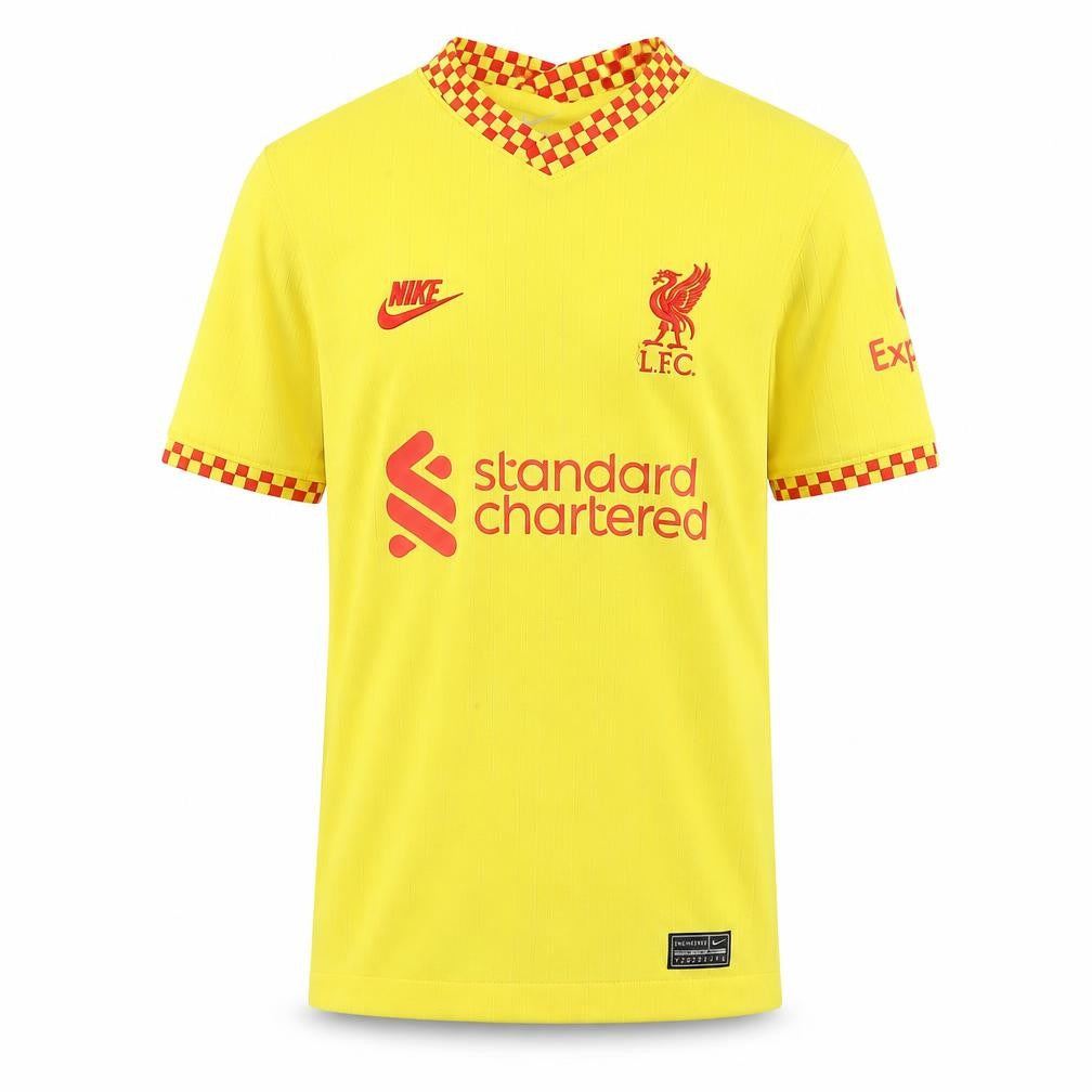 Front view of Nike boys’ yellow liverpool fc dri-fit jersey football shirt, size S