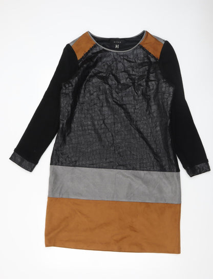 Divas Women’s Colourblock Shift Dress Black Grey Brown Size 16 Long Sleeve