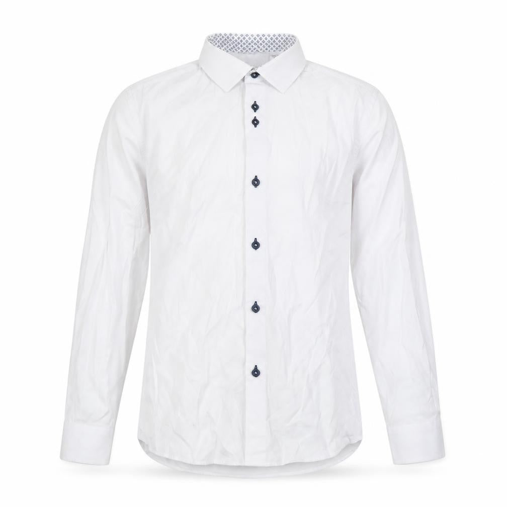 Front view of 1880 Club boys’ white long sleeve button-up dress shirt, size 158