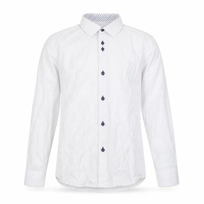Front view of 1880 Club boys’ white long sleeve button-up dress shirt, size 158