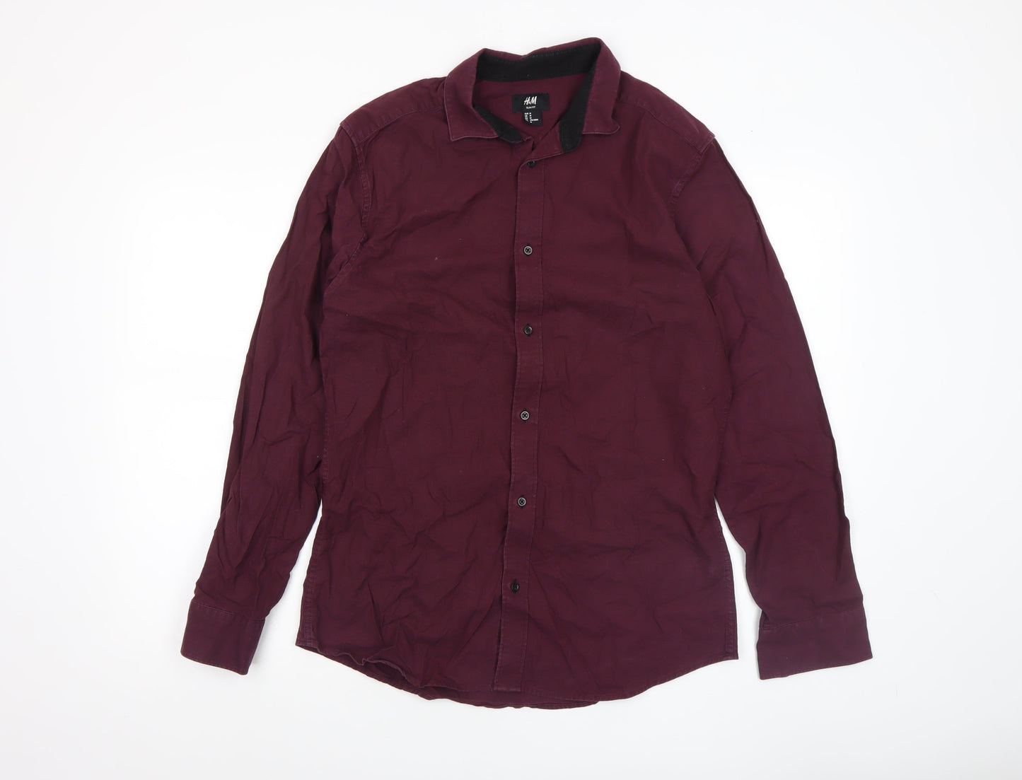 H&M Men Burgundy Slim Fit Long Sleeve Button-Up Shirt Size M