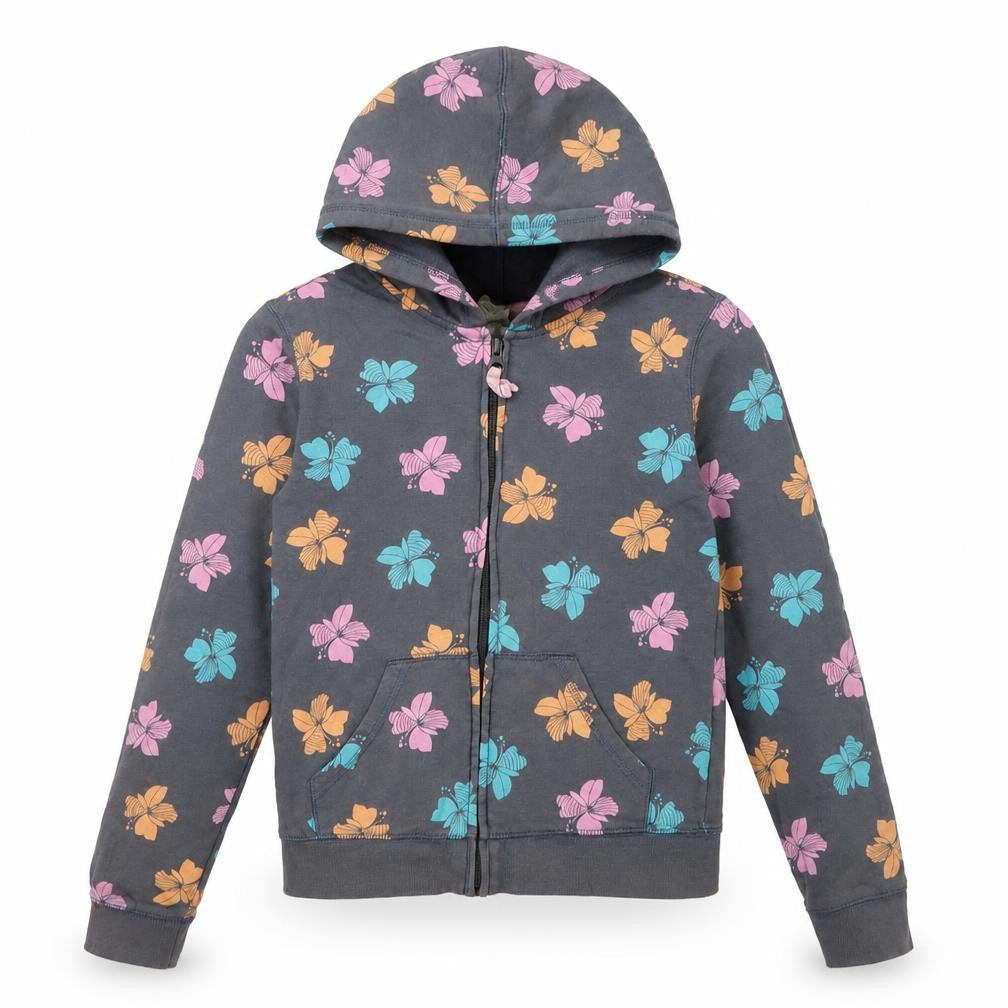 Front view of Old Navy girls’ grey floral full zip hoodie, size 10-12, years cotton blend