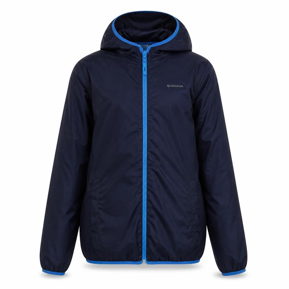 Front view of Quechua boys’ blue hooded windbreaker jacket 14 years lightweight zip up
