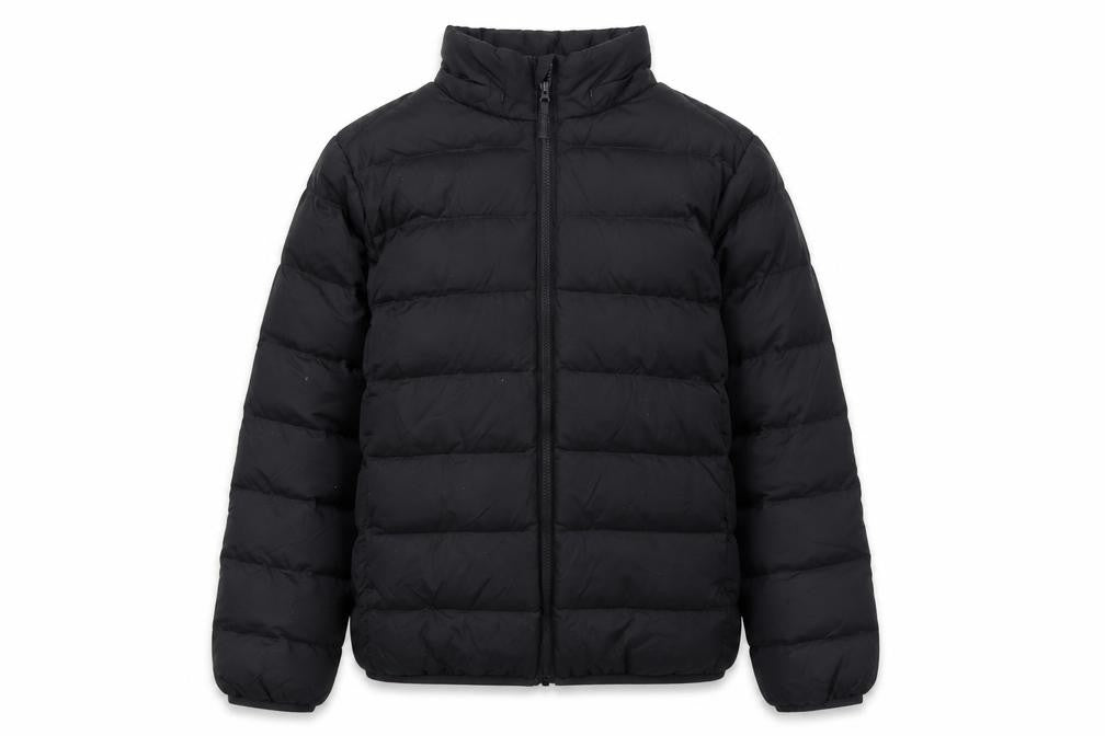 Front view of Uniqlo boys’ black 9-10 years puffer jacket lightweight winter coat