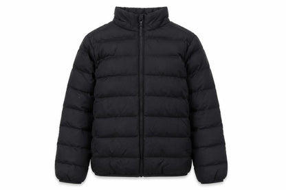 Front view of Uniqlo boys’ black 9-10 years puffer jacket lightweight winter coat
