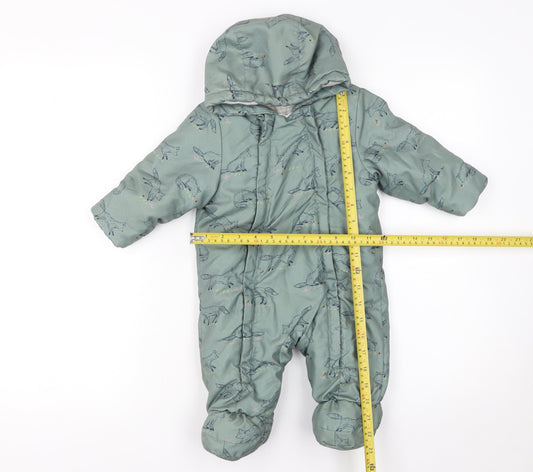 John Lewis Unisex Baby Green Animal Print Hooded Padded Snowsuit 3-6 Months