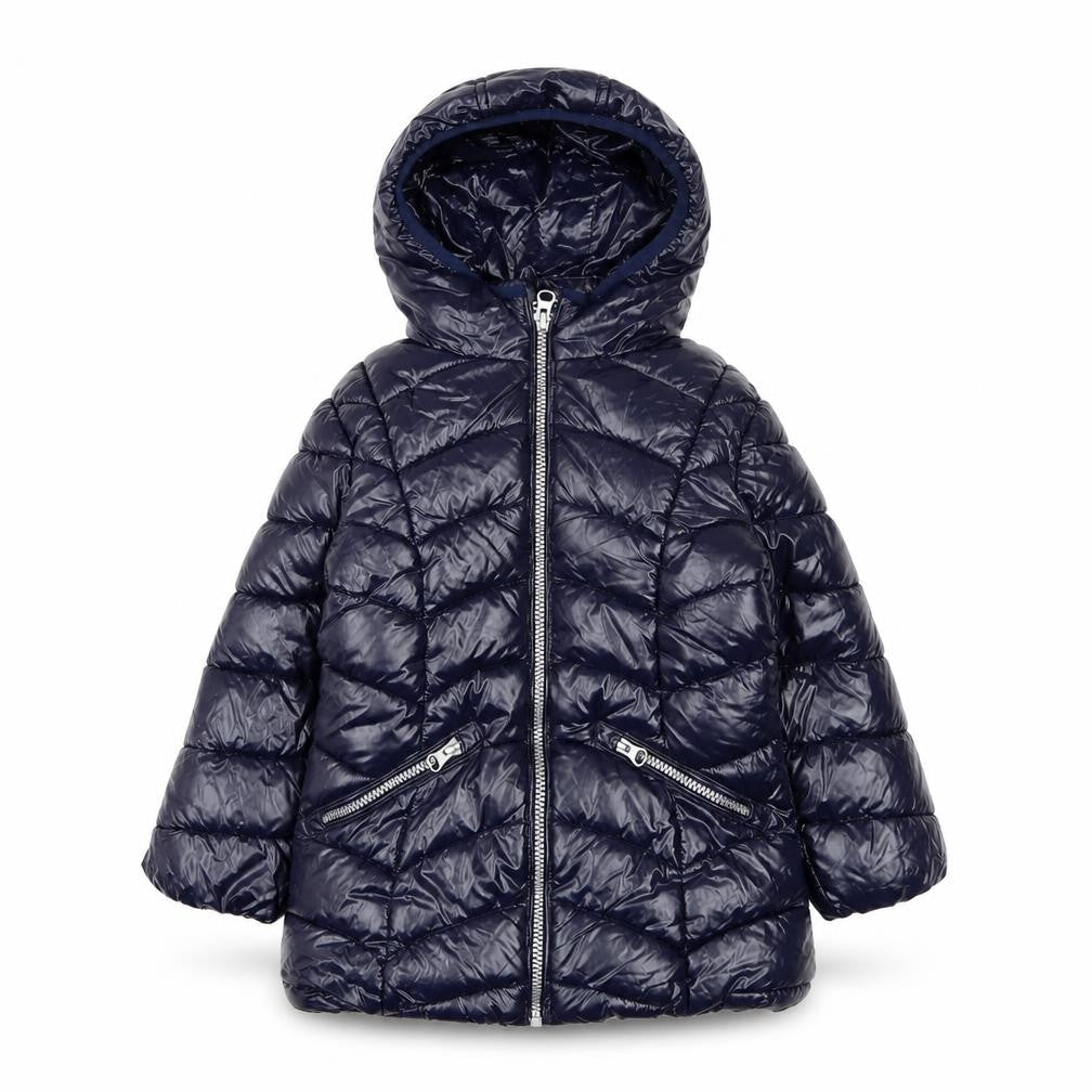 Front view of Next girls’ blue hooded puffer jacket 3 years quilted winter coat