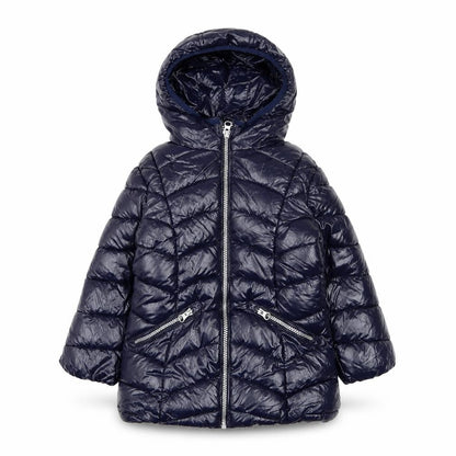 Front view of Next girls’ blue hooded puffer jacket 3 years quilted winter coat