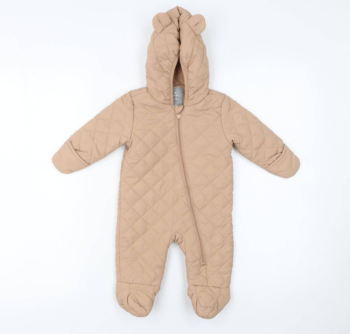 F&F Unisex Baby Beige Quilted Hooded Snowsuit 0-3 Months Winter Zip Suit