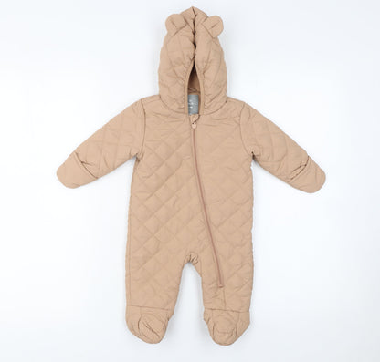 F&F Unisex Baby Beige Quilted Hooded Snowsuit 0-3 Months Winter Zip Suit