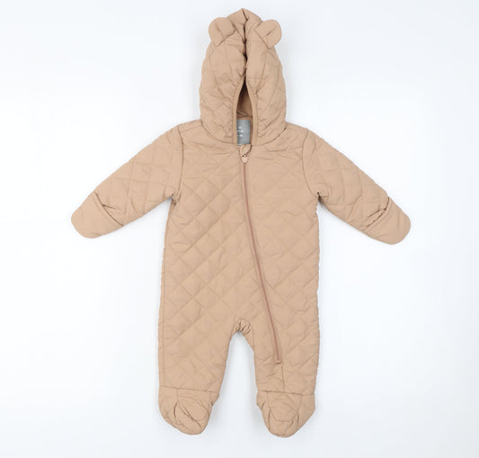 F&F Unisex Baby Beige Quilted Hooded Snowsuit 0-3 Months Winter Zip Suit