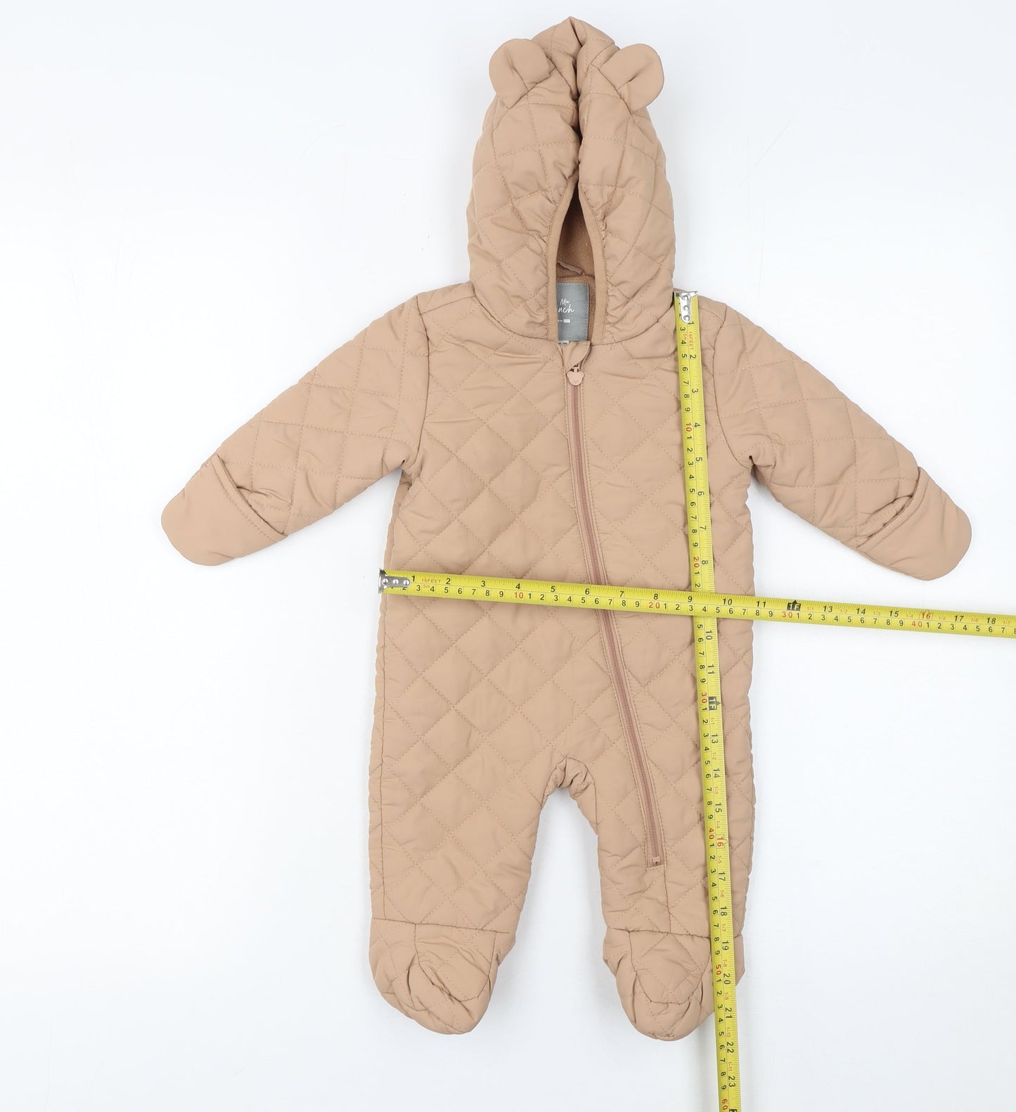 F&F Unisex Baby Beige Quilted Hooded Snowsuit 0-3 Months Winter Zip Suit