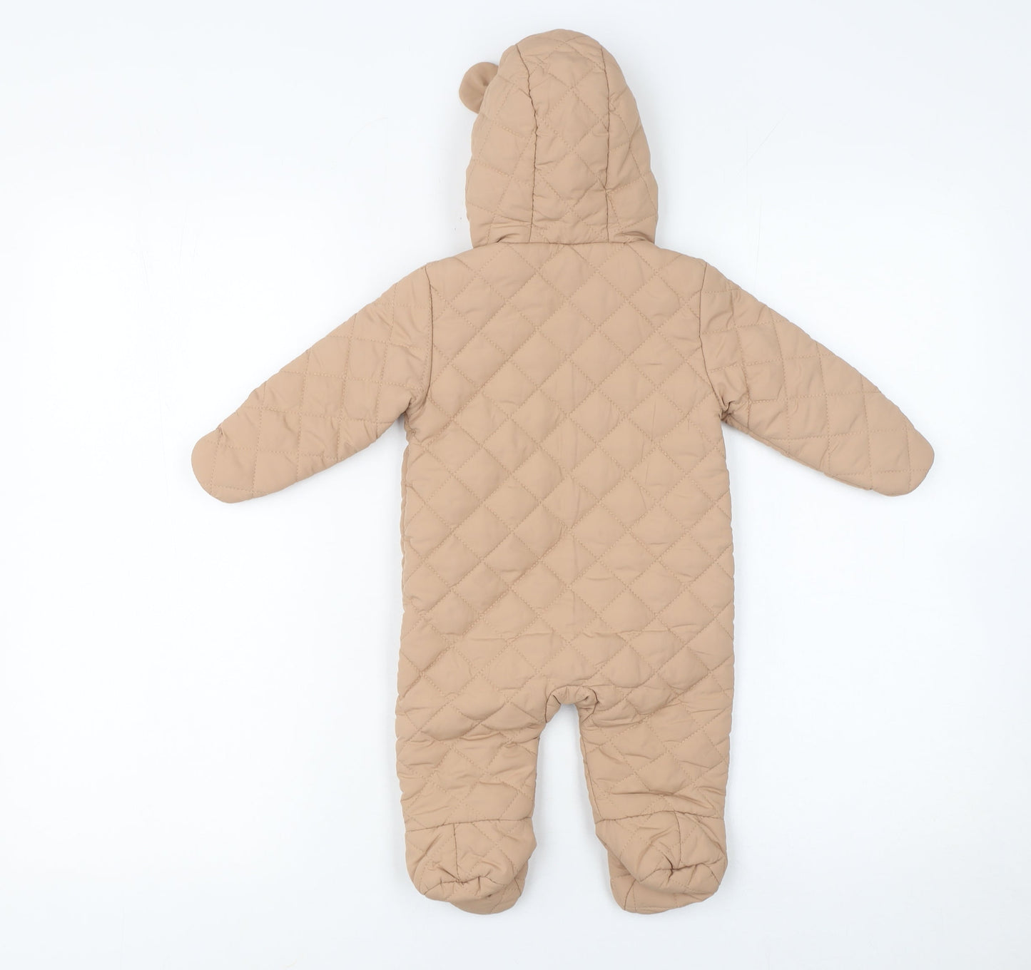 F&F Unisex Baby Beige Quilted Hooded Snowsuit 0-3 Months Winter Zip Suit